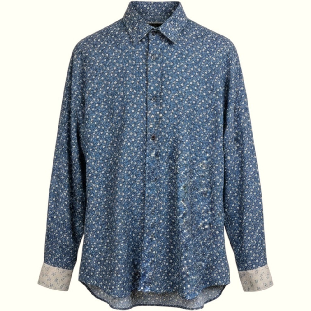 M Quieti Shirt Mens Blue Navy Flower Print Button Down Long Sleeve Cotton